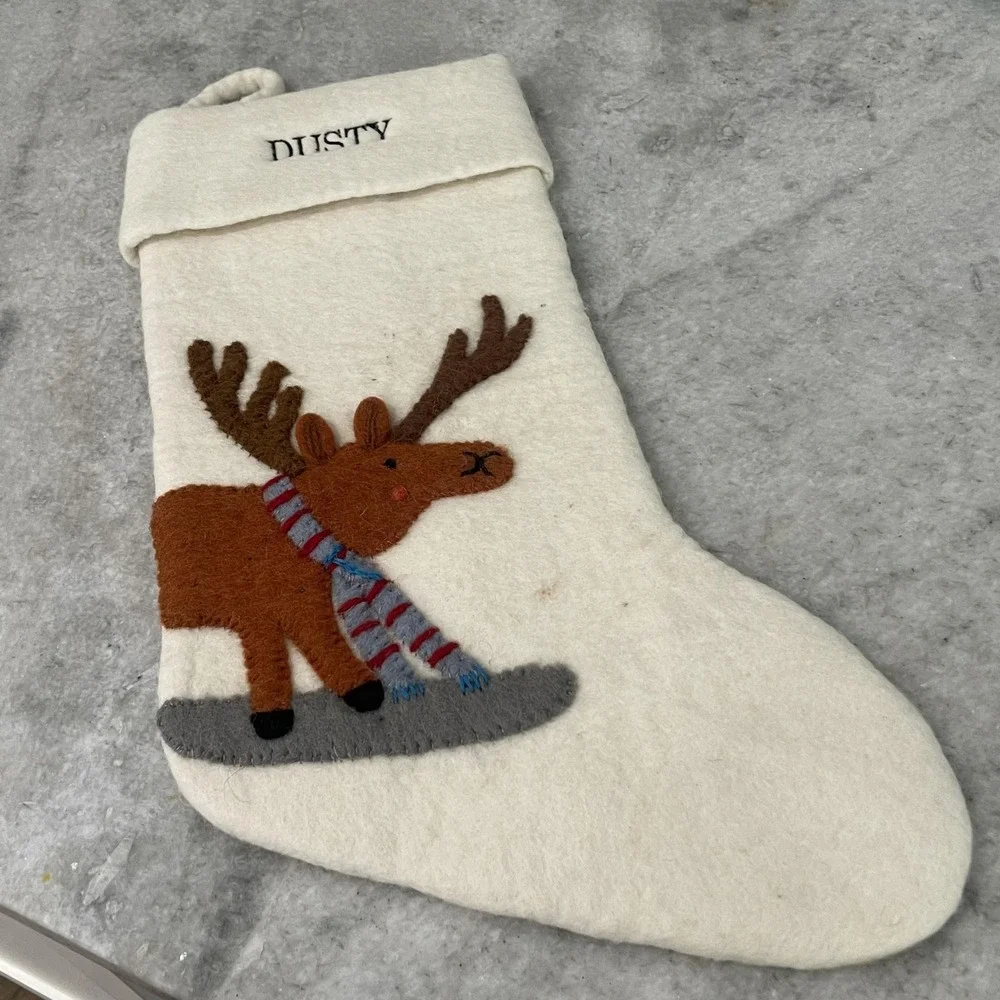 West Elm Christmas Stocking White Felt Reindeer Applique Kids Dusty Name